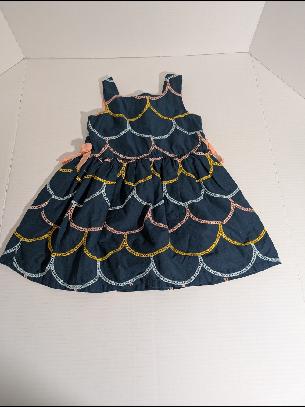 Navy Scallop-Pattern Girls' Casual Dress with Pink Side Bows